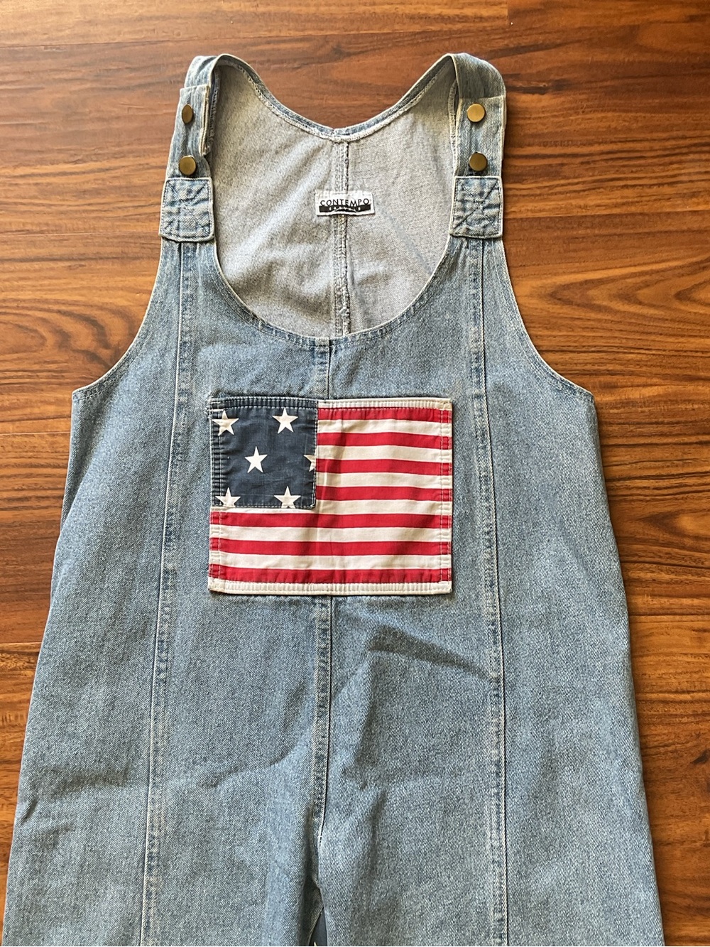 Vintage 90s Contempo Casuals Denim Overalls M American Flag Stars Stripes - Picture 5 of 11